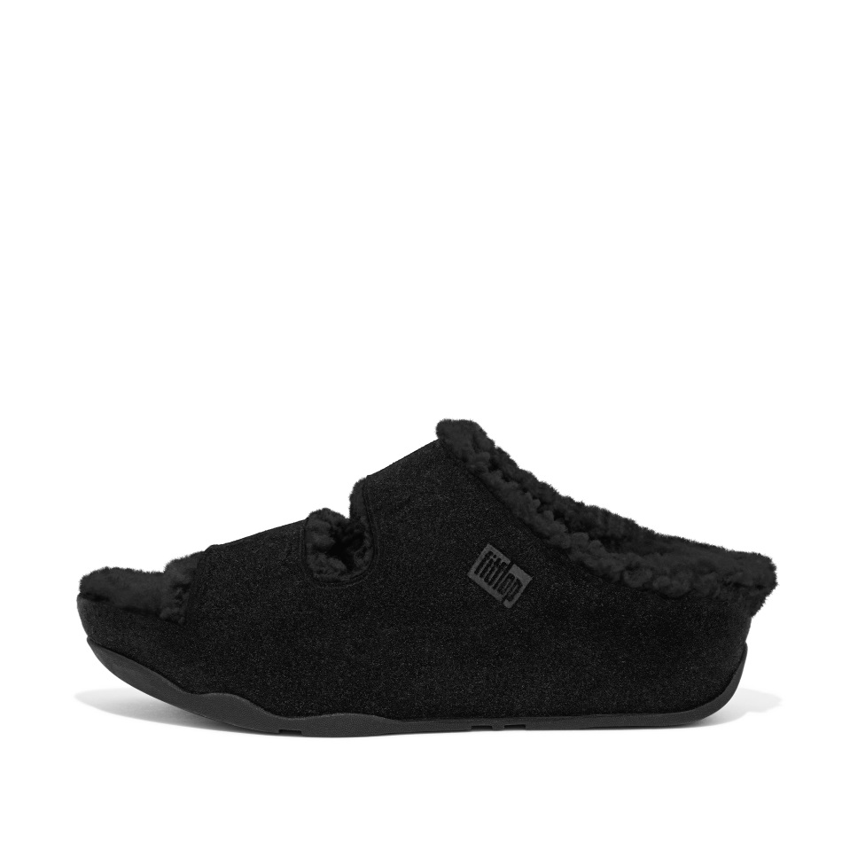 Fitflop Shuv Ciabatte In Suede Foderate In Shearling A Due Barre Tutte Nere